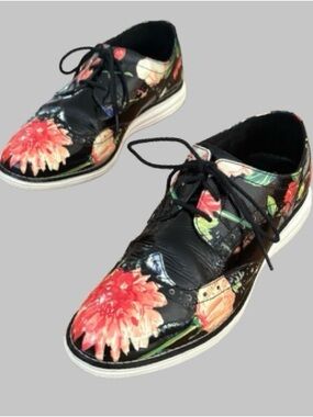 Cole Haan flrl blk patent lthr lace up wingtip oxfords WM 8.5 funky art festival